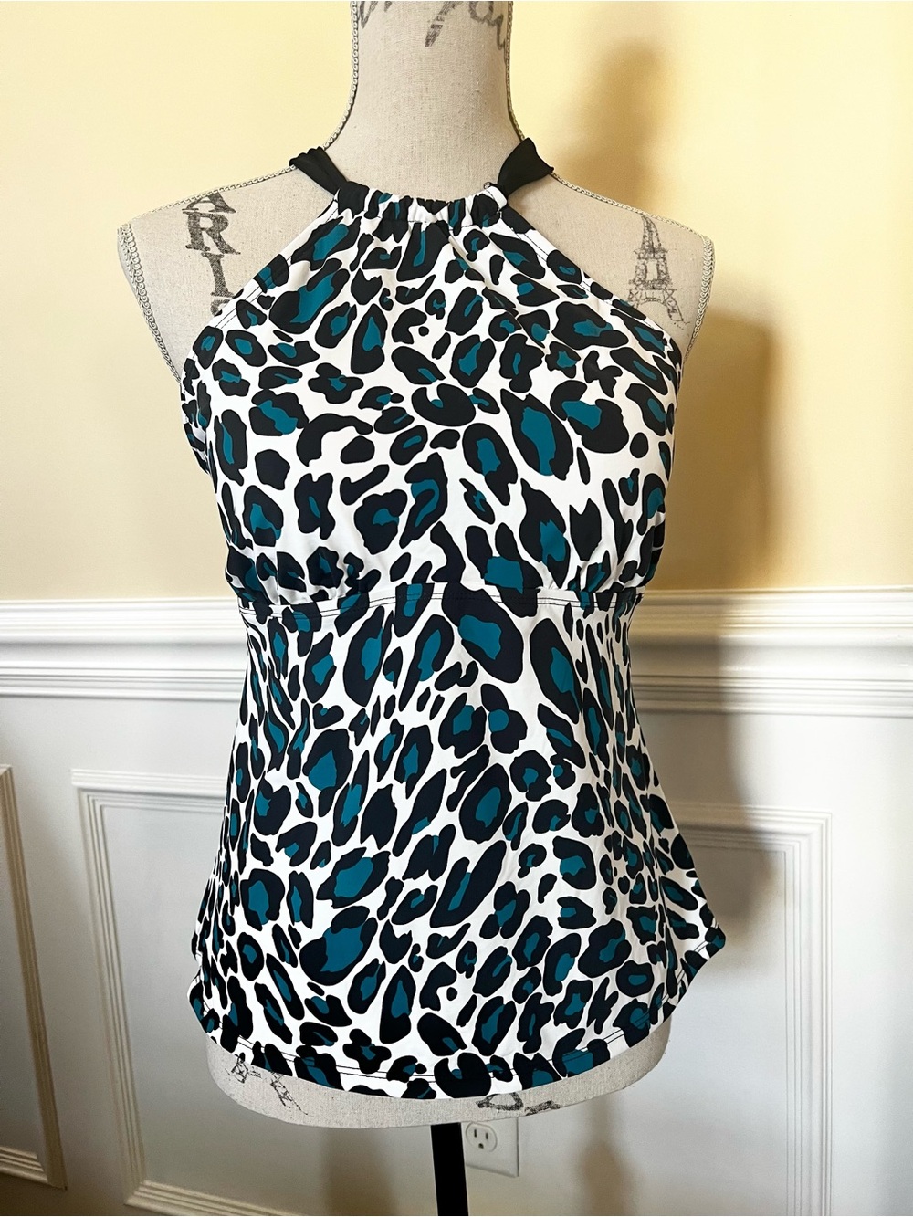 Black and Teal Leopard Print Halter A-line Tankini Top.